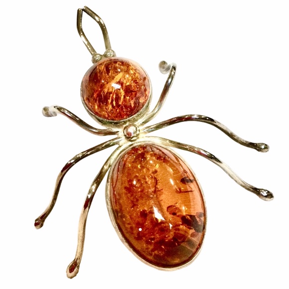 Vintage Sterling Silver Baltic Amber Insect Spider Bug Brooch Pin 1.75” Pristine - Picture 4 of 15